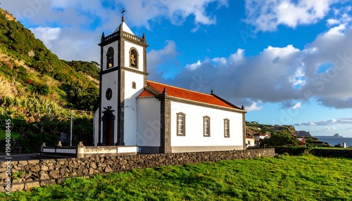 A charming church with a bell tower set against a coastal backdrop