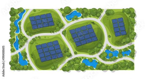 Aerial view of solar panels on green hills with winding streams and trees surrounding them