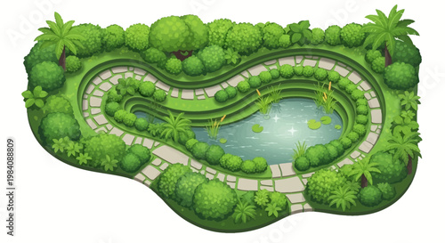 A serene landscape illustration of a winding garden path surrounds a tranquil pond with lush greenery and vibrant foliage via RJ ImageFX Auto.