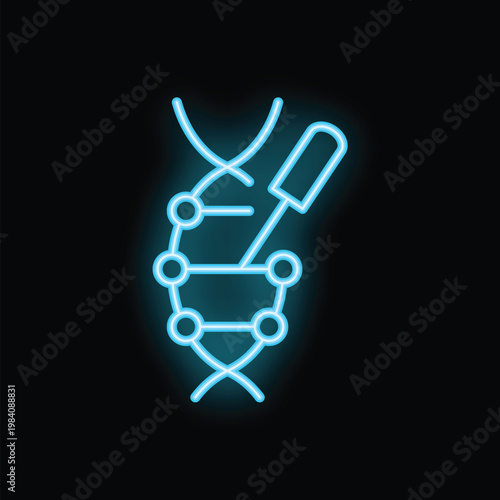 Glowing neon icon representing a pipette analyzing a dna structure, symbolizing genetic engineering and research