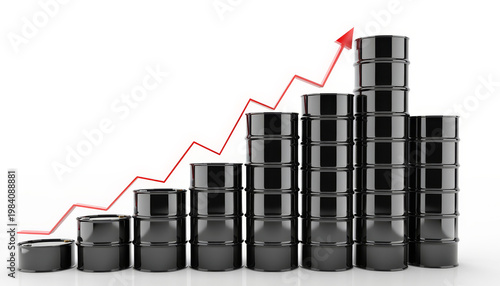 Oil barrel rising chart red arrow oil price energy market financial growth Black oil barrels stacked as bar chart with rising red arrow white background, symbolizing increasing oil price