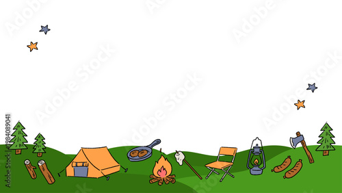 キャンプやバーベキュー、アウトドア、キャンプファイヤー、テント、公園や森などの手書きベクターフレームイラスト Hand-drawn vector frame illustrations featuring camping, barbecues, the outdoors, campfires, tents, parks, and forests.
