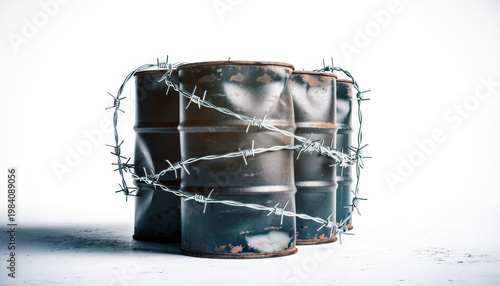 Oil barrel barbed wire conflict restriction oil industry fuel rusty metal