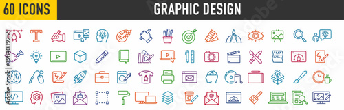 Collection of 60 graphic design icons in various categories like typography, animation, photography, and digital art