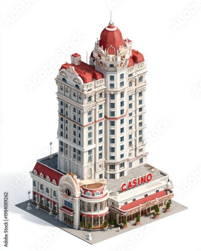Elegant White And Red Casino Building With Intricate Architecture Against White Background