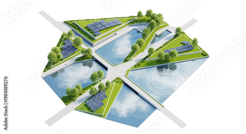 Aerial view of a serene landscape with ponds, trees, and grassy areas divided into sections.
