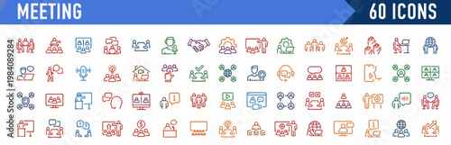 Collection of 60 different icons representing business meetings, collaboration, and communication, with diverse graphical elements for digital platforms