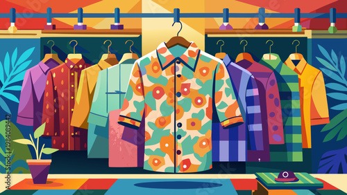 Colorful patterned shirts hanging in clothing store