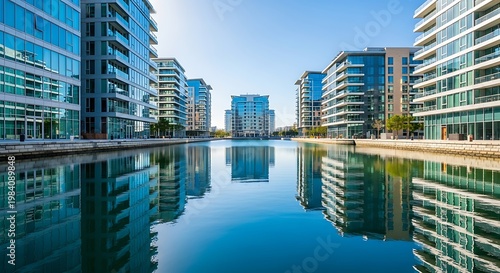 Modern Architecture Reflecting in Calm Water in Canary Wharf, London.