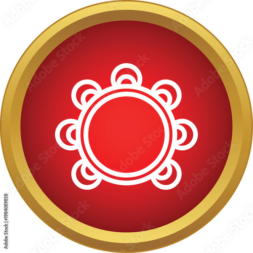 Tambourine percussion instrument graphic on a red circular button with gold trim