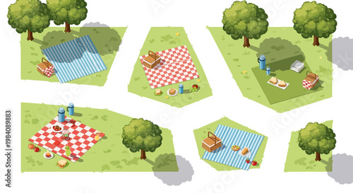 People enjoy outdoor picnic with food on colorful mats under trees in the park