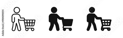 Customer Shopping with Grocery Cart Icon Set Representing Retail Consumer Behavior and Supermarket Purchase