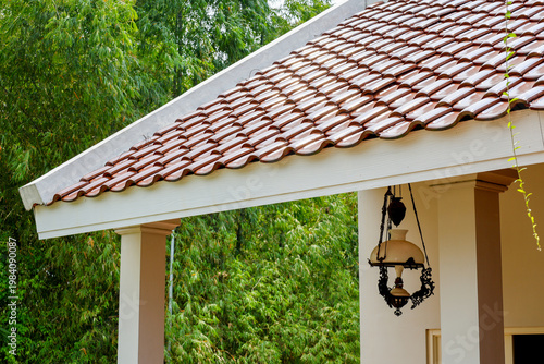 Photography Red-tiled roof gleams under soft daylight