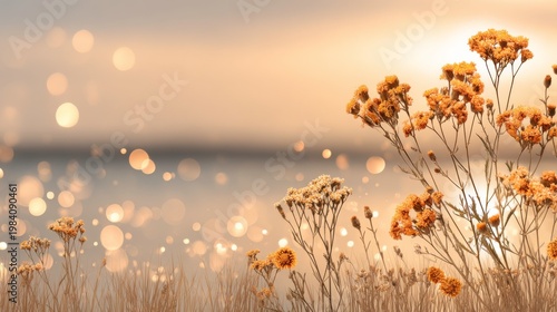 Golden wildflowers basking by tranquil waters at sunset nature photography serene environment bokeh view