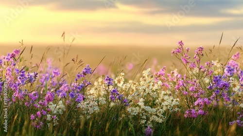 Vibrant wildflower meadow sunrise nature scene landscape photography tranquil environment wide view serenity concept