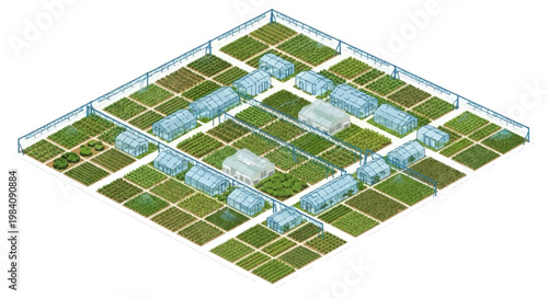 Aerial view of an urban planning layout with green spaces and blue buildings via ImageFX_Auto.eps