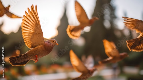 Birds in flight at sunset urban park photography serene environment close-up perspective nature's beauty