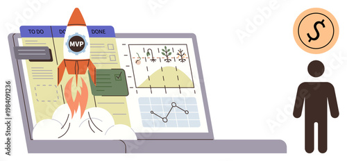 Business growth, startup planning, agile workflows, productivity, financial strategies, innovation. Rocket launching from laptop with task board and charts. Business growth and startup planning