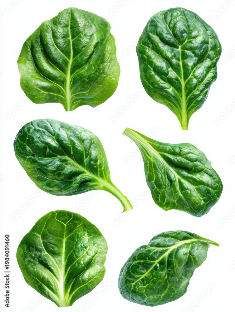 Fototapeta premium Fresh Green Spinach Leaves Detailed Texture Isolated White Background Studio Lighting Healthy Food Ingredient