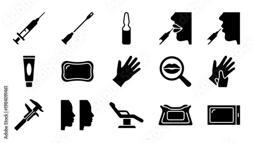 Lip Filler Treatment and Cosmetic Injection Silhouettes, Aesthetic Medicine Icons Set