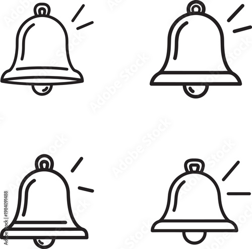 Set of four black line art bell icons on white background