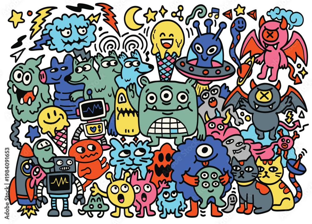 Obraz premium Colorful monster doodle, cartoon alien, happy robot, cute animal, fantasy creature, playful art