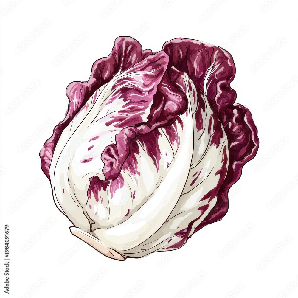 Obraz premium Fresh Radicchio Lettuce With Deep Red and White Leaves Isolated on White Background Detailed Food Illustration