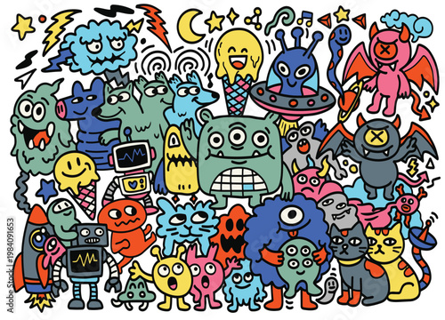 Colorful monster doodle, cartoon alien, happy robot, cute animal, fantasy creature, playful art