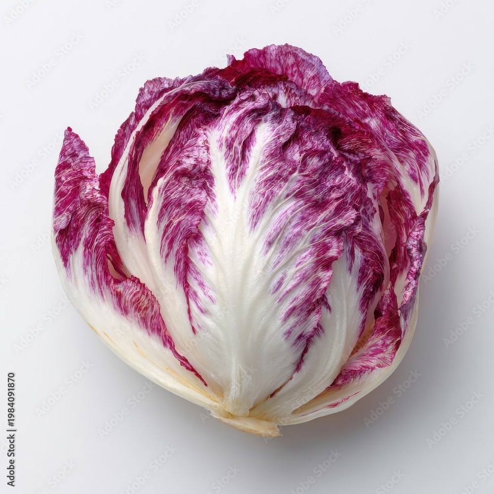 Fototapeta premium Fresh Red Radicchio Lettuce Head Vibrant Purple and White Leafy Vegetable Isolated on White Studio Background
