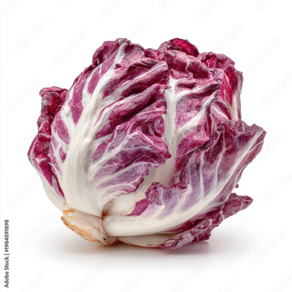 Fototapeta premium Fresh Red Radicchio Lettuce Isolated on White Studio Background Vibrant Purple and White Leafy Vegetable Healthy Food Ingredient