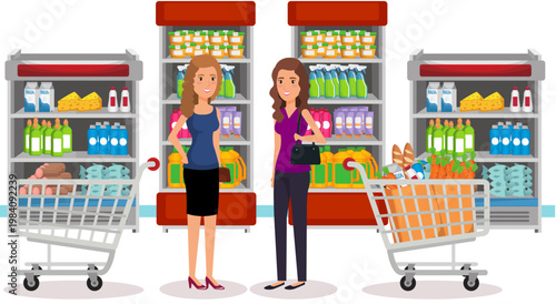 Two women standing in a grocery store with shopping carts