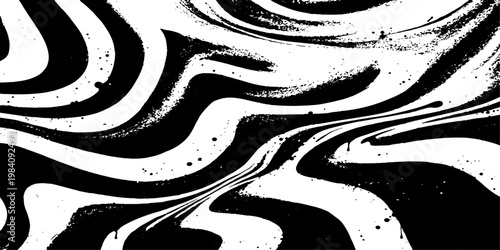 Abstract monochrome black and white abstract artwork of fluid patterns that evoke the movement, form, and texture. This striking design, rendered with dynamic lines and expressive brushstrokes.