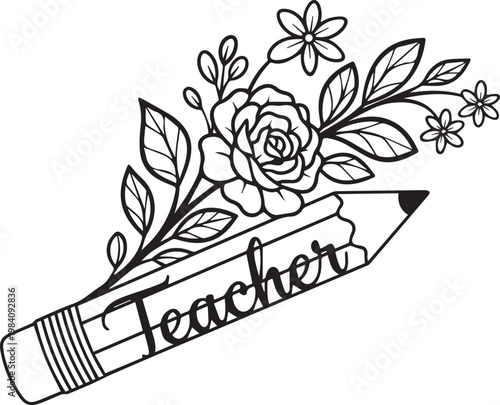 Elegant flower arrangement on top of a pencil, creating a beautiful and inspiring teacher appreciation design.