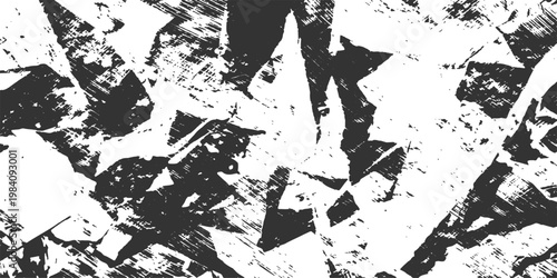 Abstract a monochromatic abstract pattern of shattered shapes. It's a striking and versatile design element, conveying a sense of fragmentation and creative disruption.