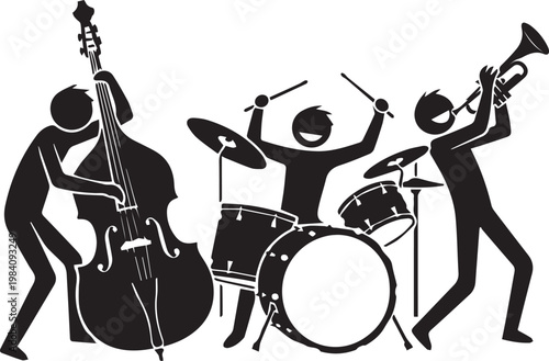 Jazz band playing music with double bass drums and trumpet.