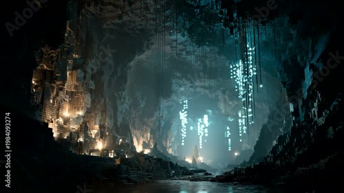 Mysterious cave illuminated by glowing crystals and water