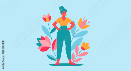 Woman standing confidently among colorful flowers.