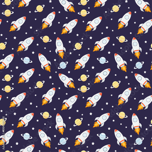  Patrón sin costuras con cohetes, planetas y estrellas en fondo oscuro.
