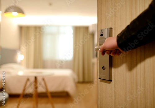 Bild auf Leinwand Guest hand opening modern hotel room door with electronic lock capturing hospitality experience and luxury travel for corporate tourism advertising campaigns