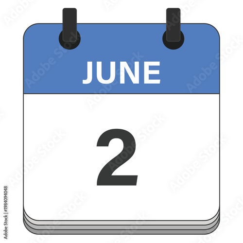 June 2 Calendar Date Design. Date and time element. Vector illustration.