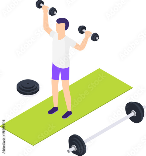 A man is exercising with dumbbells on a green mat