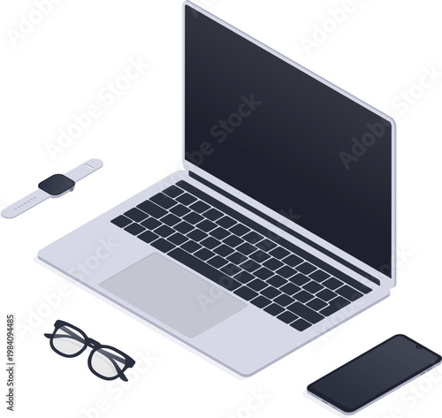 A laptop computer with a smartwatch glasses and a mobile phone