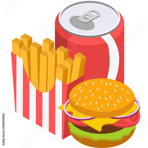 A hamburger, fries and a soda can on a white background