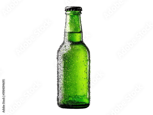 Green glass beer bottle with condensation droplets isolated on transparent background
