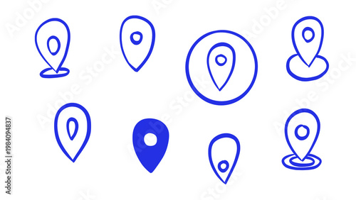 Foto Hand-drawn blue location pin marker icon set on white background for map pointer