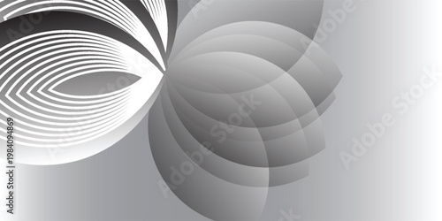 Abstract geometric design with smooth layered curves and overlapping elliptical shapes, monochrome grayscale palette