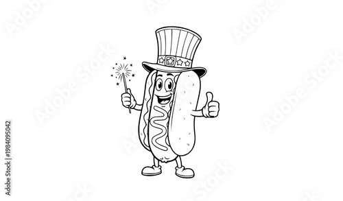 Cartoon hot dog mascot with patriotic hat and sparkler celebrating Independence Day in clean vector style