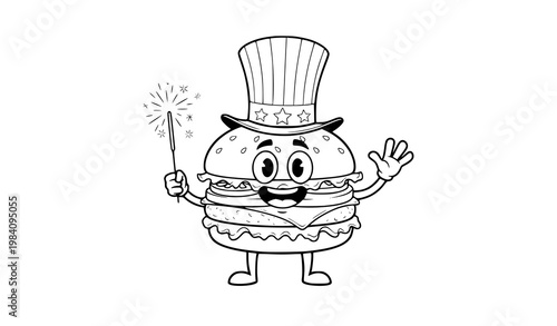 Cartoon hamburger mascot with patriotic hat and sparkler celebrating Independence Day in clean vector style