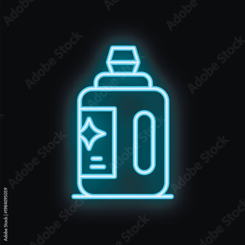 Glowing blue neon icon of cleaning supplies like disinfecting wipes or bleach bottle on a black background