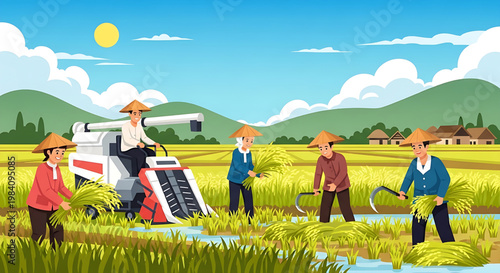 Farming community harvesting rice with a combine harvester and sickles in a rural landscape